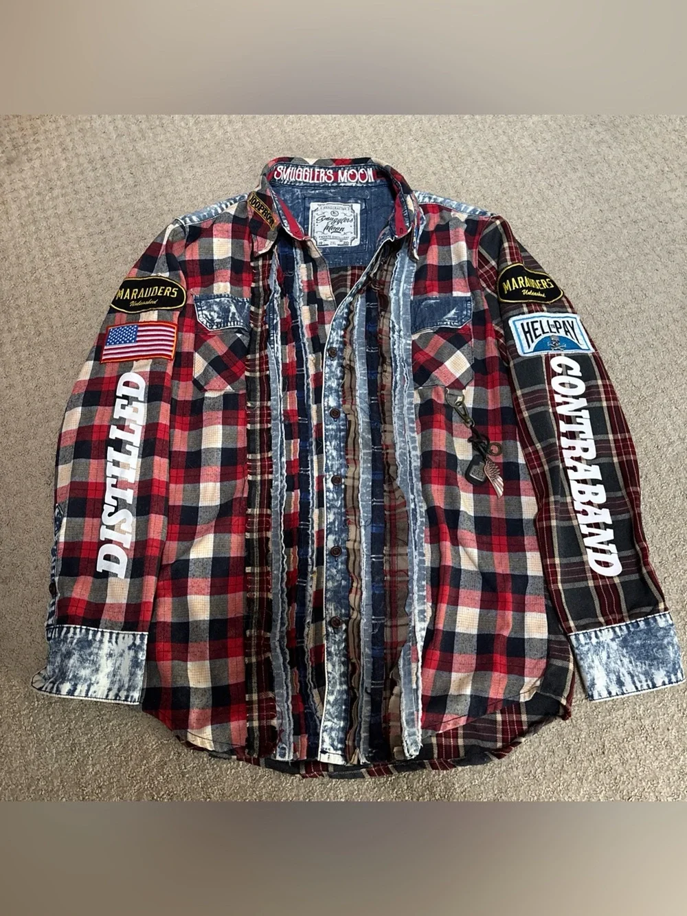 Smugglers Moon XXL Patchwork Plaid Shirt Distressed Denim Y2K Grunge Western